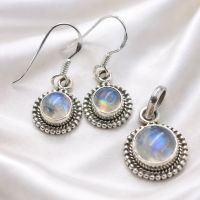 Mondstein Schmuckset Silber 925 Ohrringe + Anhänger weiß
