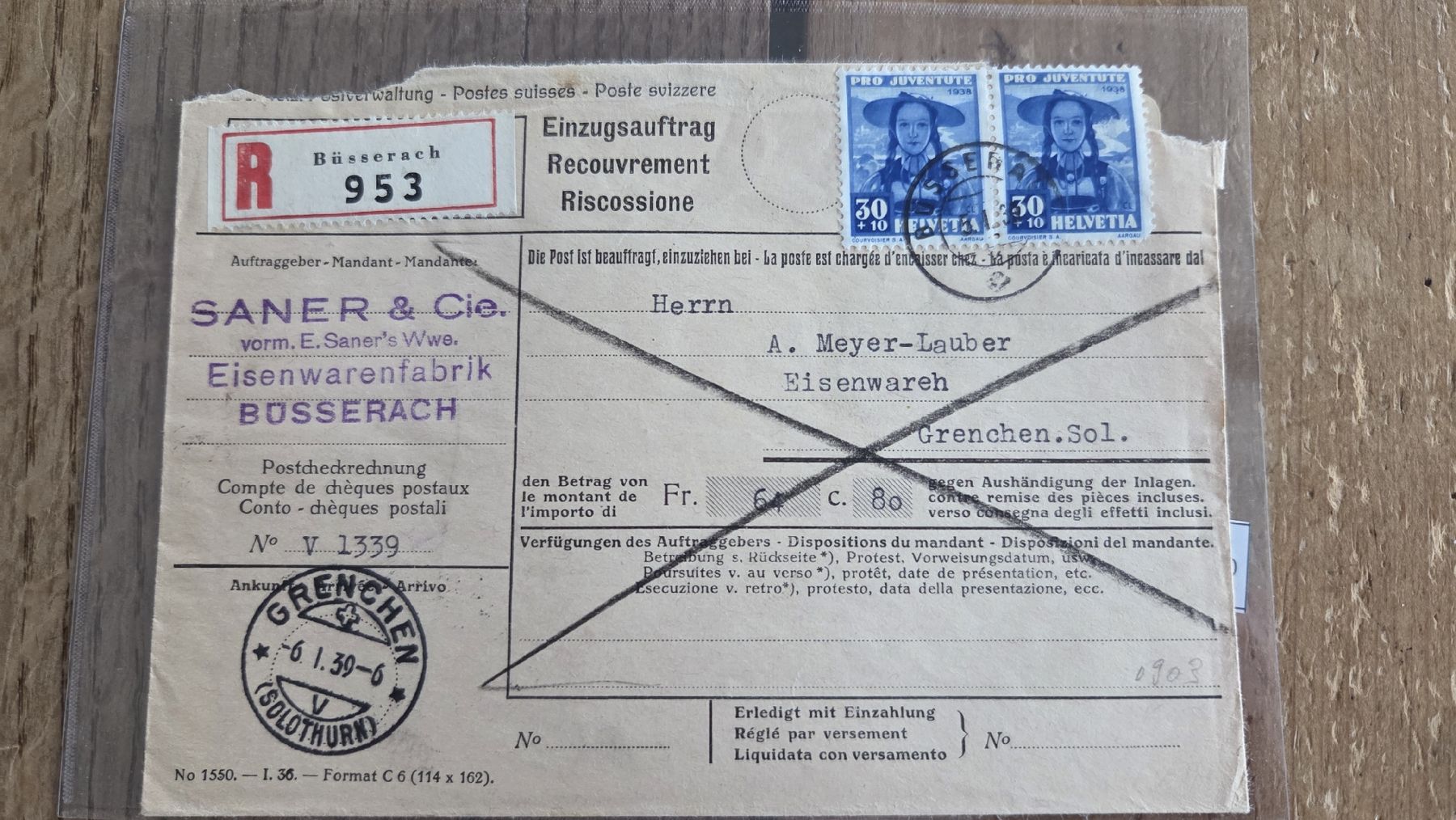 Alle Briefmarken: 1939 Einzugsautrag Pro Juventute Frankatur – Gebraucht aus Arni AG von Moth68