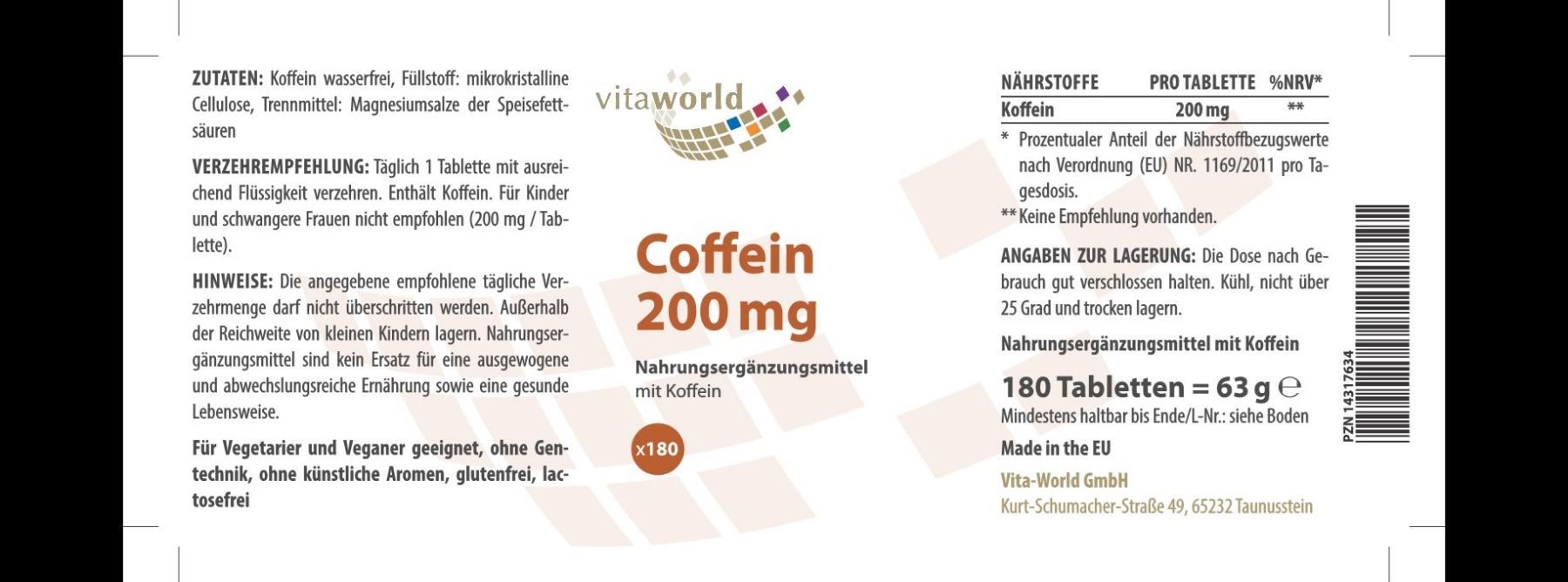 Lebensmittel & Spezialitäten: Coffein Koffein 180 Tabletten 200mg – Neu und originalverpackt aus Tiefenbach von nhp-bedarf 1