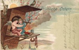 Alte Litho Osterkarte "Fröhliche Ostern" um 1900 Engel Amor?