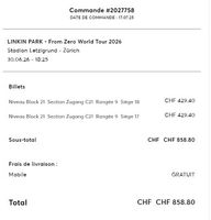 2x places assises / Sitzplatz LINKIN PARK Zurich - 30.06.26