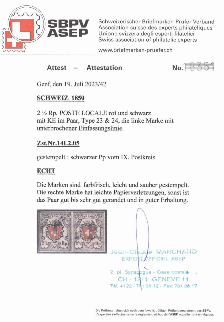 Alle Briefmarken: 1850 Poste Locale Nr. 14I im Paar mit Abart und Attest – Neu (gemäss Beschreibung) aus Nuglar von Stamp88 1