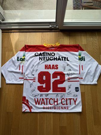 Maillot EHC Biel-Bienne Haas L signé + cartes signées