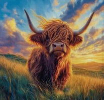 Kreuzstich-Sticken-Geschenk-Bild-Highland-Kuh-30x30cm