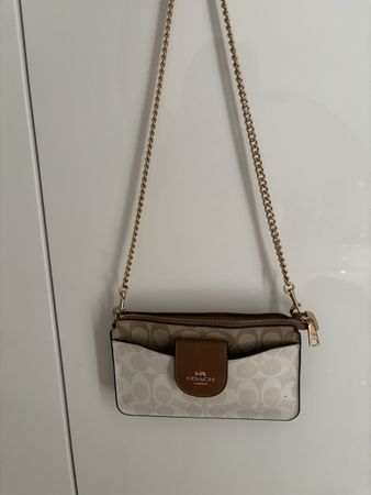 Coach Tasche Umhängetasche Canvas Leder Monogramm Weiss Gold