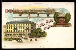 Lithographie Basel, Hôtel Euler, Denkmal, Brückenansicht