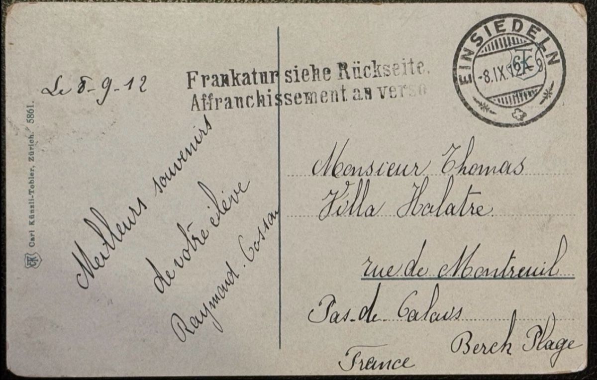 Cartoline postali: Schweiz AK Einsiedeln 1912 nach Frankreich Ansichtskarte – Usato da birsfelden venduto da tim0444 1