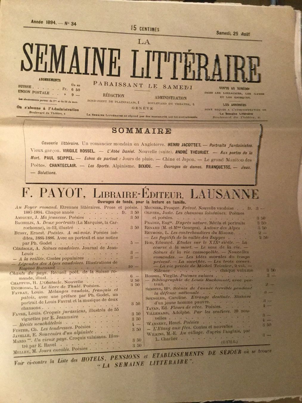 Tutti le monete: La Semaine Littéraire, 25 Août 1894 – Usato da Luzern venduto da Einh0rn