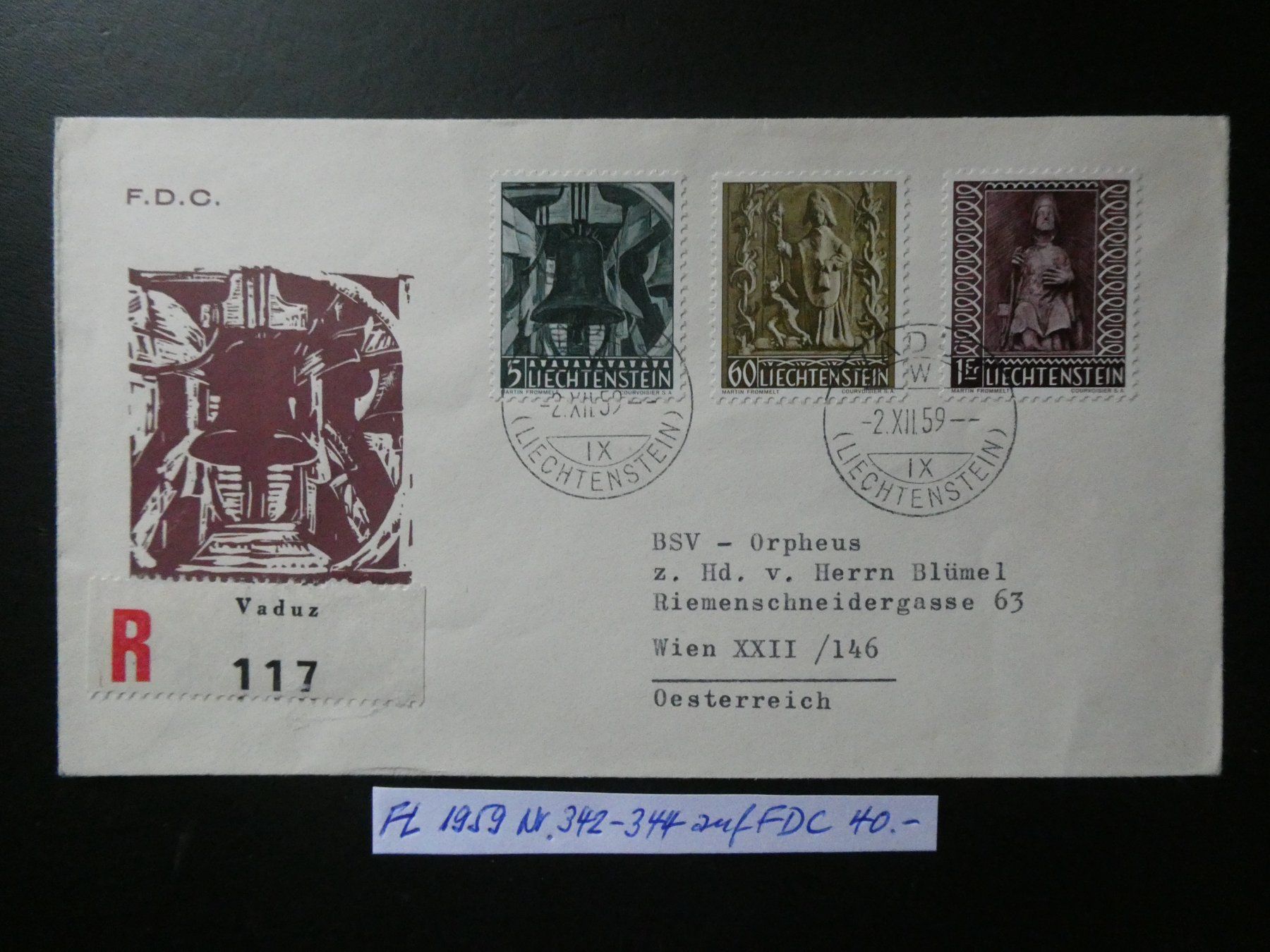 Tutti i francobolli: FL 1959 Nr. 342-344 auf FDC – Usato da Lausen venduto da Herbamare01