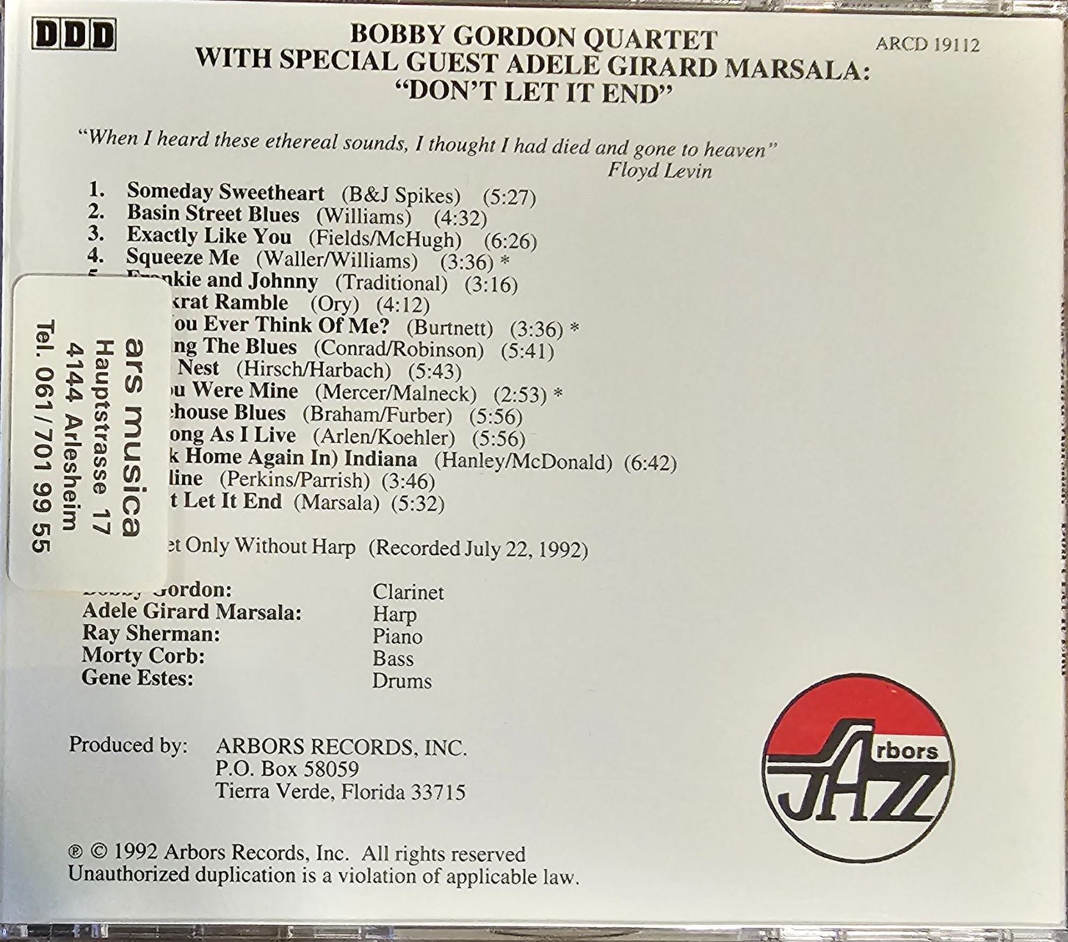 CD: The Bobby Gordon Quartet - Don't Let It End... – Usato da Wahlen b. Laufen venduto da Cg10 1
