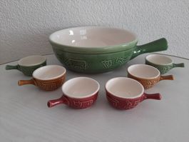Vintage Rössler AG Käsefondue Caquelon und 6 x Schnapsbecher
