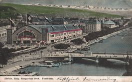 Postkarte Zürich Eidg. Sängerfest 1905 Festhütte, Tram