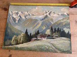 Ölgemälde Berglandschaft mit Haus, auf Holzplatte, gebraucht