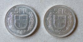 2 x Fr. 5.-  1967 und 1969  Silber
