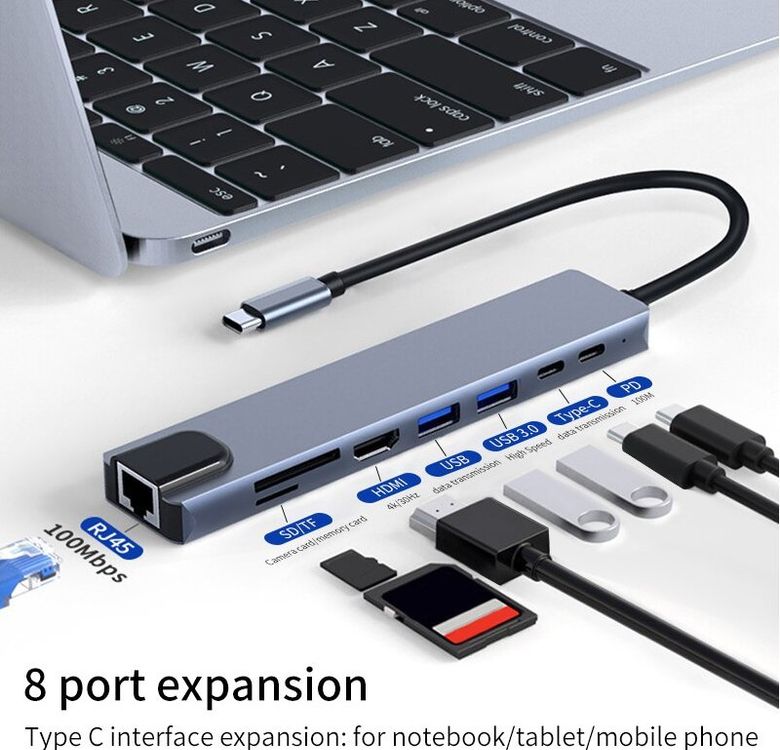 Hub USB-C 8 In 1, Adattatore Con 4K HDMI, USB 3.0, LAN RJ45, Lettore SD/Micro SD, Nuovo - Foto 3