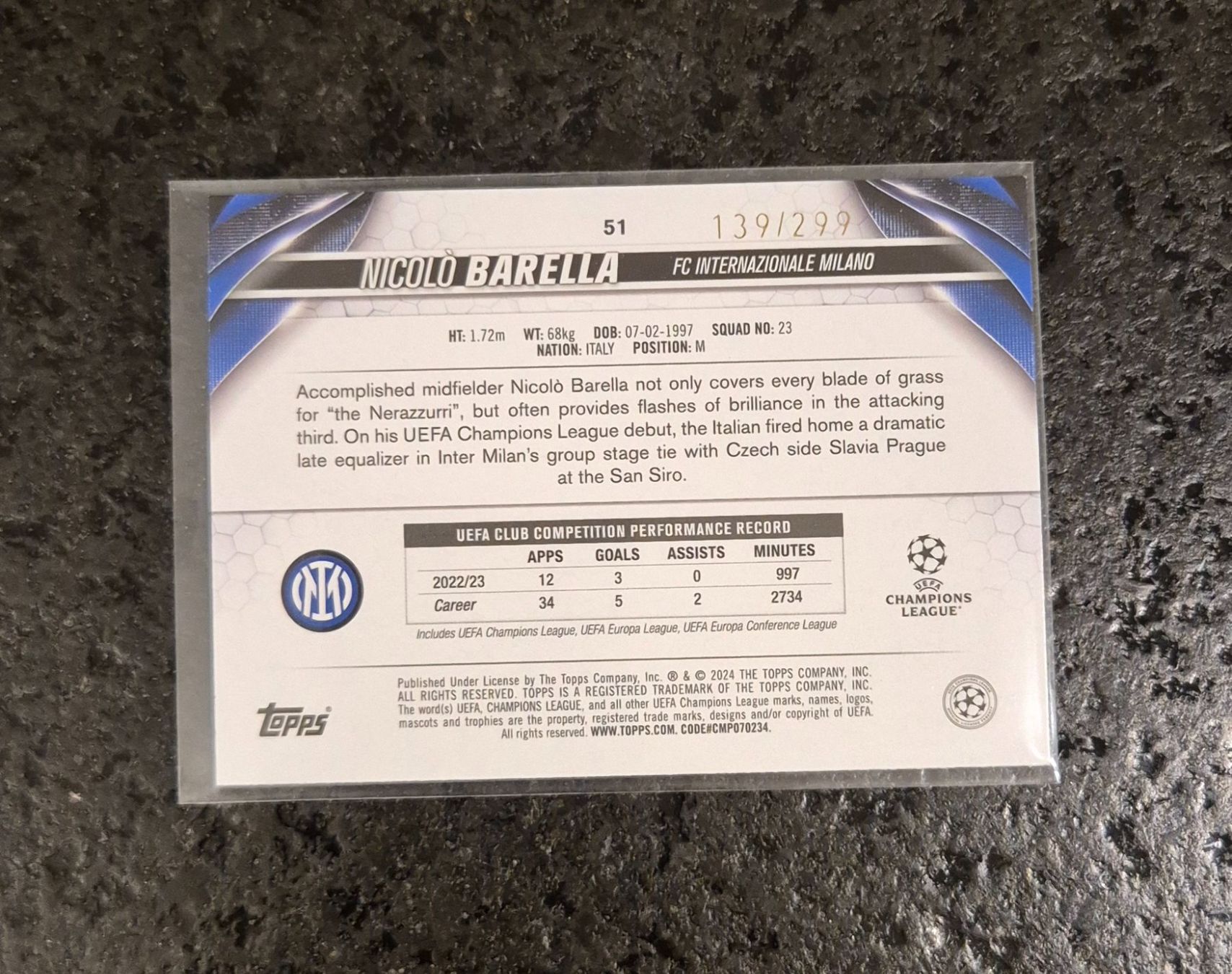 Topps Cartes à collectionner: Nicolo Barella /299 - Inter Milan - Topps – Neuf (Voir description) à Burg AG par Danoe 1