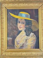 Portrait femme au chapeau, huile sur toile, cadre doré