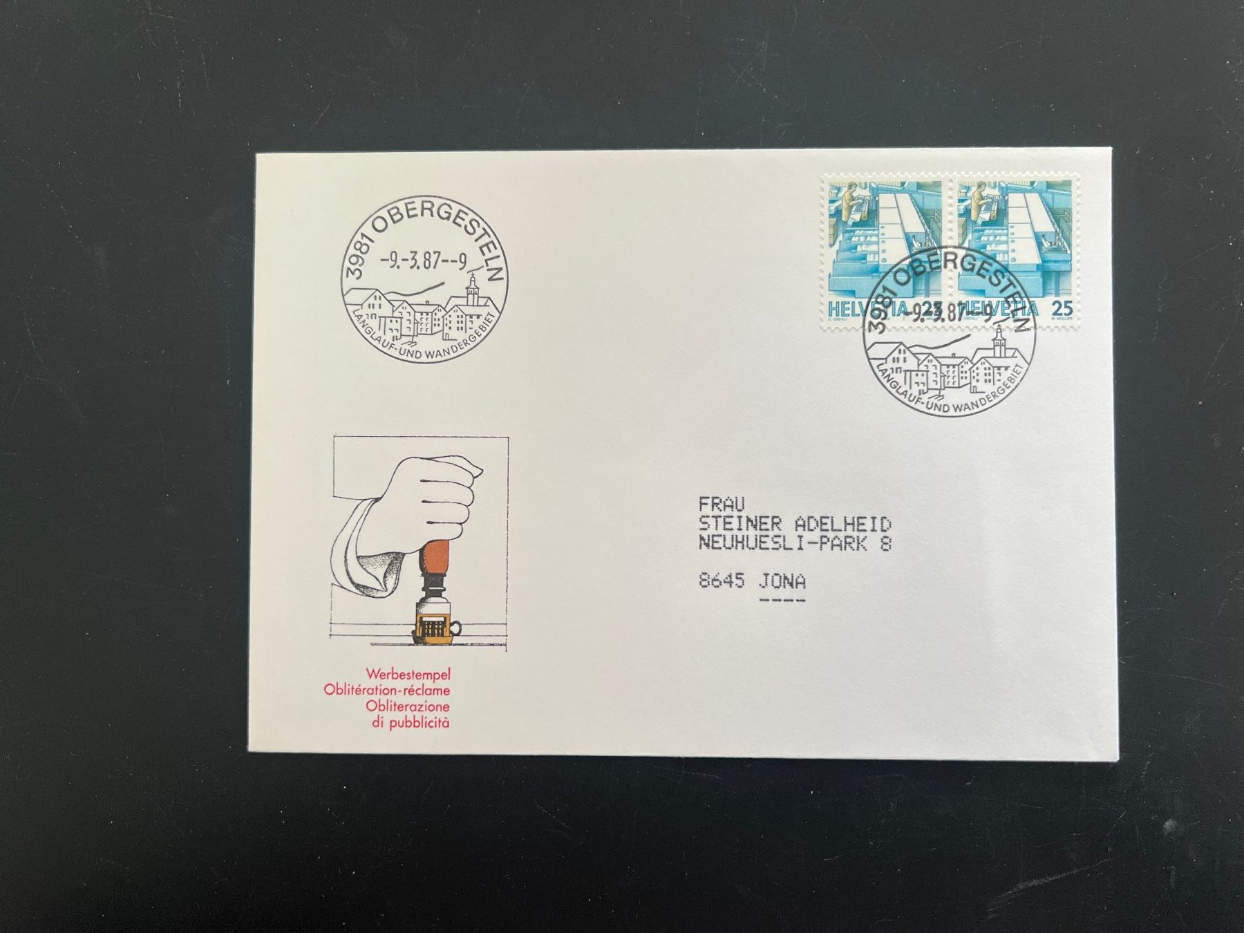 Tutti i francobolli: Obergesteln Erstagbrief-Werbe-Stempel  (M949) – Usato da Hinwil venduto da Sidi4