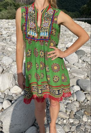 Chic Abito cotone verde stampato con frange-tg S/M/L