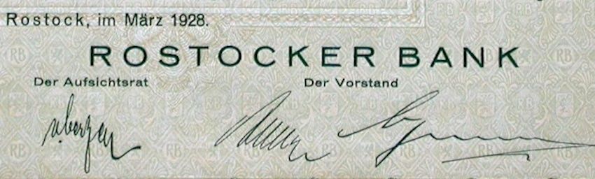 Dokumente: Rostocker Bank, Rostock - 1928 – Gebraucht aus Solothurn von Sgasche 1