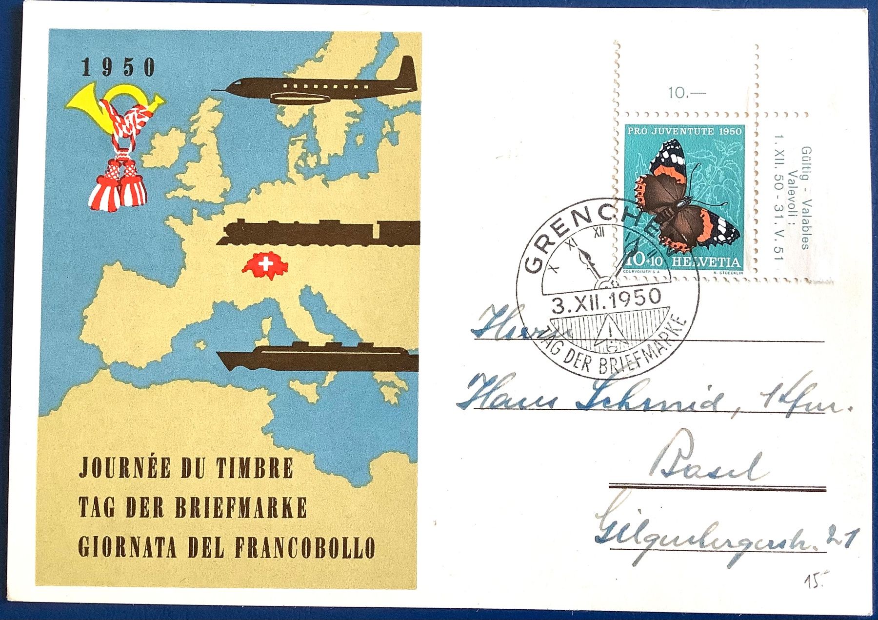 Tutti i francobolli: 1950  Postkarte  Tag der Briefmarke / Grenchen - Basel – Usato da Liestal venduto da Skunk02