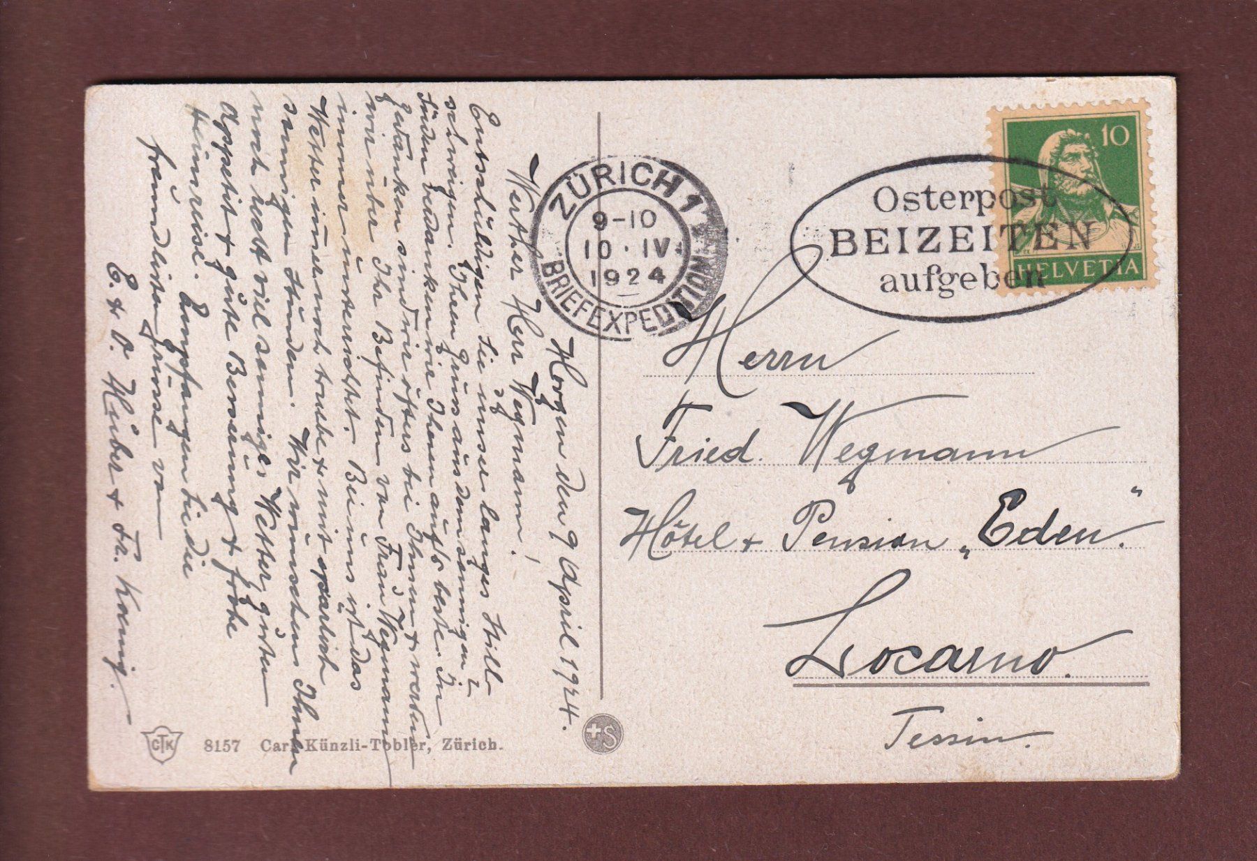 Cartoline postali: HORGEN - 1924 – Usato da Pully venduto da nicecards 1