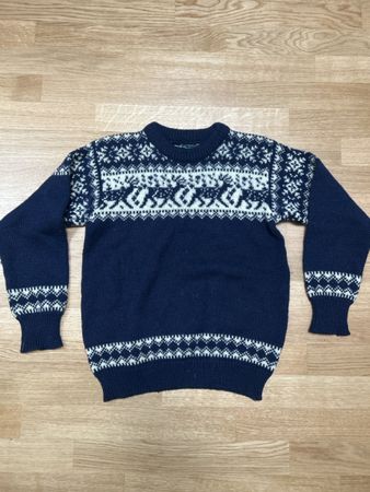 Strickpullover 100 Wolle dunkelblau mit Muster Grösse S-48