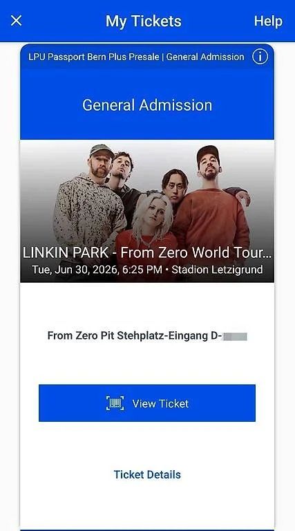Biglietti: 1x FROM ZERO PIT - Linkin Park - Letzigrund 30.06.2026 – Nuovo e nell'imballaggio originale da Buchs ZH venduto da SorahTastic 1