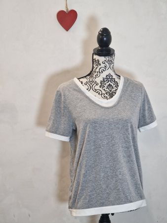 Damen T-Shirt grau weiss Rundhals kurzarm Gr S guter Zustand