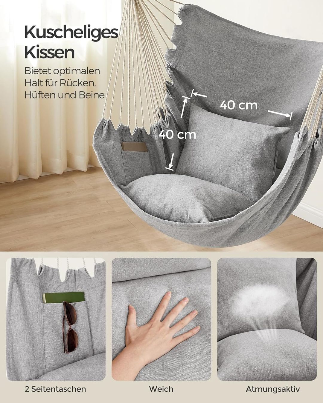 Gartenhängesitze: Hängesessel mit 2 Kissen bis 150 kg grau – Neu und originalverpackt aus Dietikon von Abverkauf10 2
