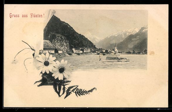 Cartoline postali: Flüelen, Teilansicht mit Dampfer, Marge – Usato da Berlin venduto da bartko-reher