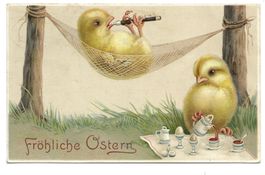 Fröhliche Ostern - Küken-Paar - Frühstück  Flöte  Litho 1913