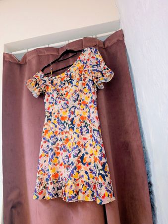 Robe avec épaule denudée, imprimé floral multicolore, NafNaf