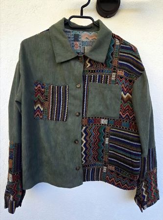 Giacca in velluto e tessuto etnico multicolore verde, size S