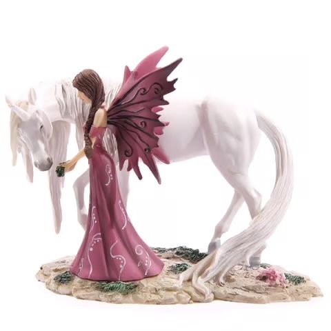 Statuette: Märchenfee füttert weisses Einhorn – Nuovo e nell'imballaggio originale da Menzingen venduto da fairy123