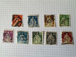 9 CH Dauermarken sitzende Helvetia, 20-100, 1908 gestempelt