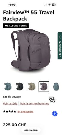 Osprey Fairview 55 Travel Backpack gris état neuf