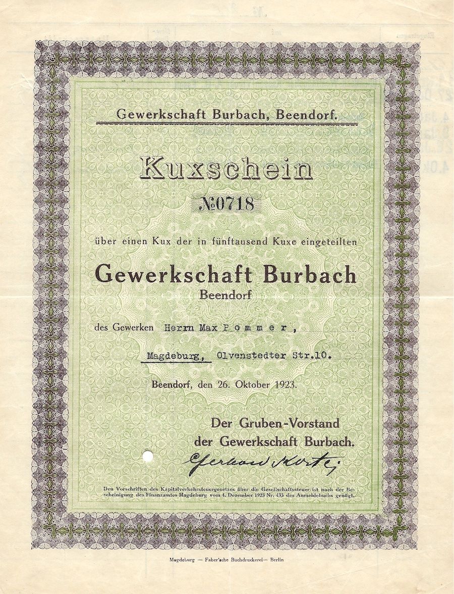 Documenti: Gewerkschaft "Burbach", Beendorf - 1923 – Usato da Solothurn venduto da Sgasche