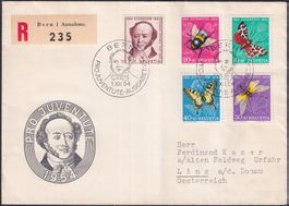 1954, Ersttagsbrief: J153-J157 BERN -Österreich (LINZ)
