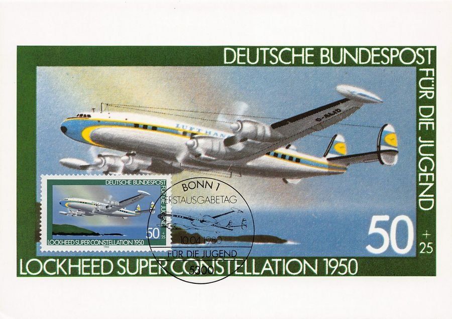 Cartoline postali: Maximumkarte Deutsche Post Lockheed Super Constellation 1950 – Usato da Frauenfeld venduto da POML