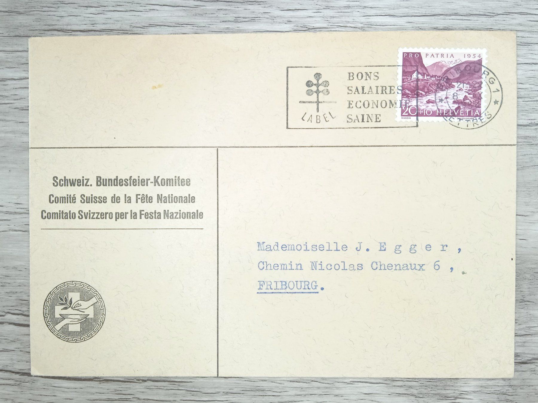 Tutti i francobolli: TR70 Enveloppe + Timbre Suisse 1954 – Usato da Cousset venduto da Patrick_Collections