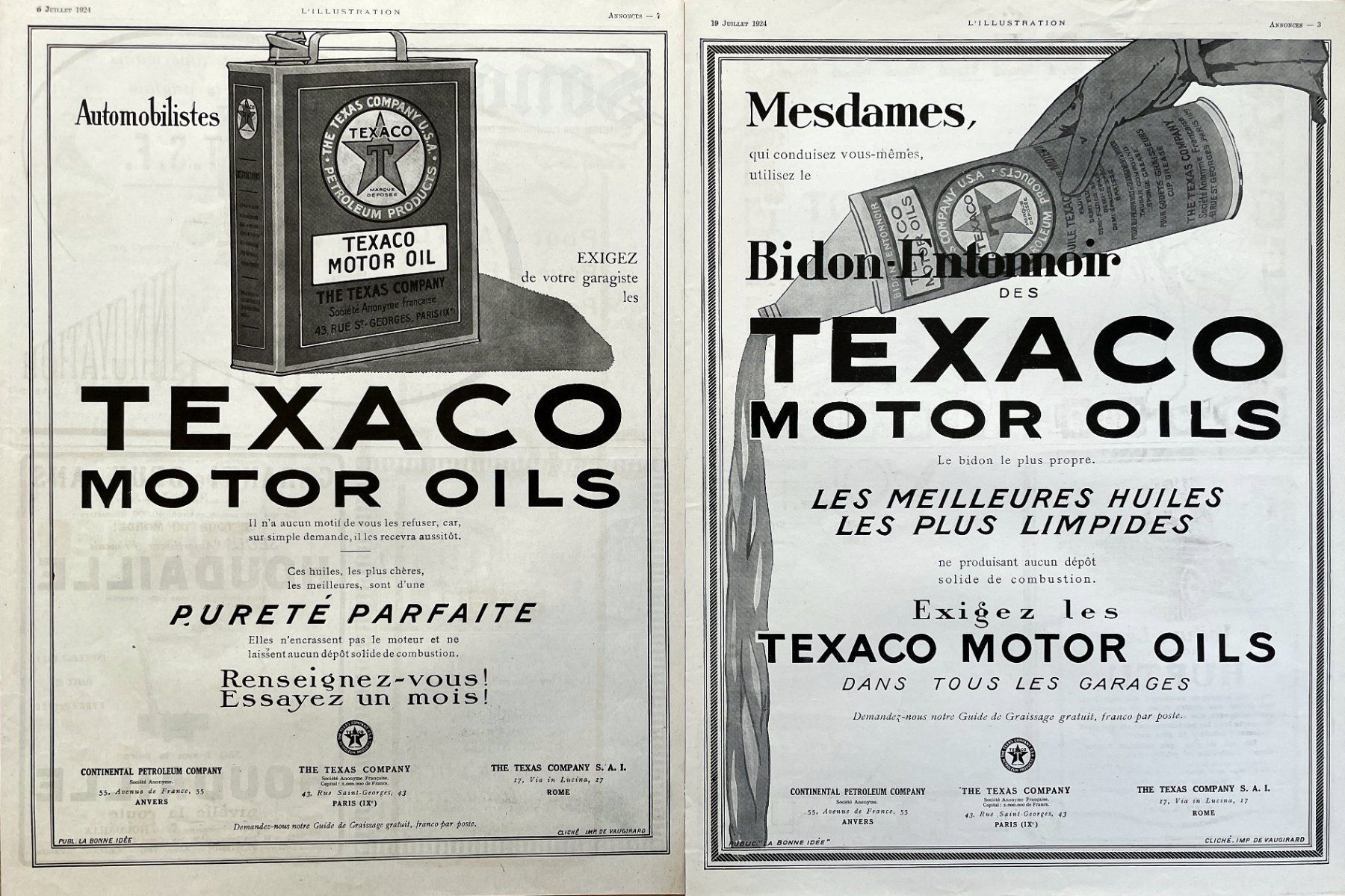 Foto & Immagini: Texaco Motor Oils - 2 alte Werbungen / Publicités 1924 – Usato da Savagnier venduto da Ne2065 1