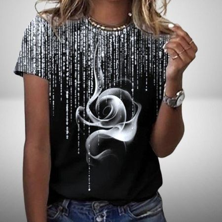 🖤 Elegantes Kurzarm Rundhals-Top mit Rosenprint 🌹💫