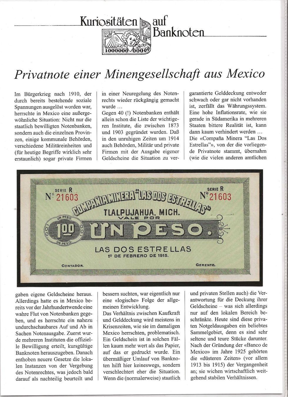 Banknoten: Banknote Mexico ( Privatnote 1914) – Gebraucht aus Zürich von Philacat11
