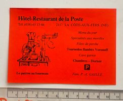 Carte de visite Restaurant de la Poste La Côte-aux-Fées 1994