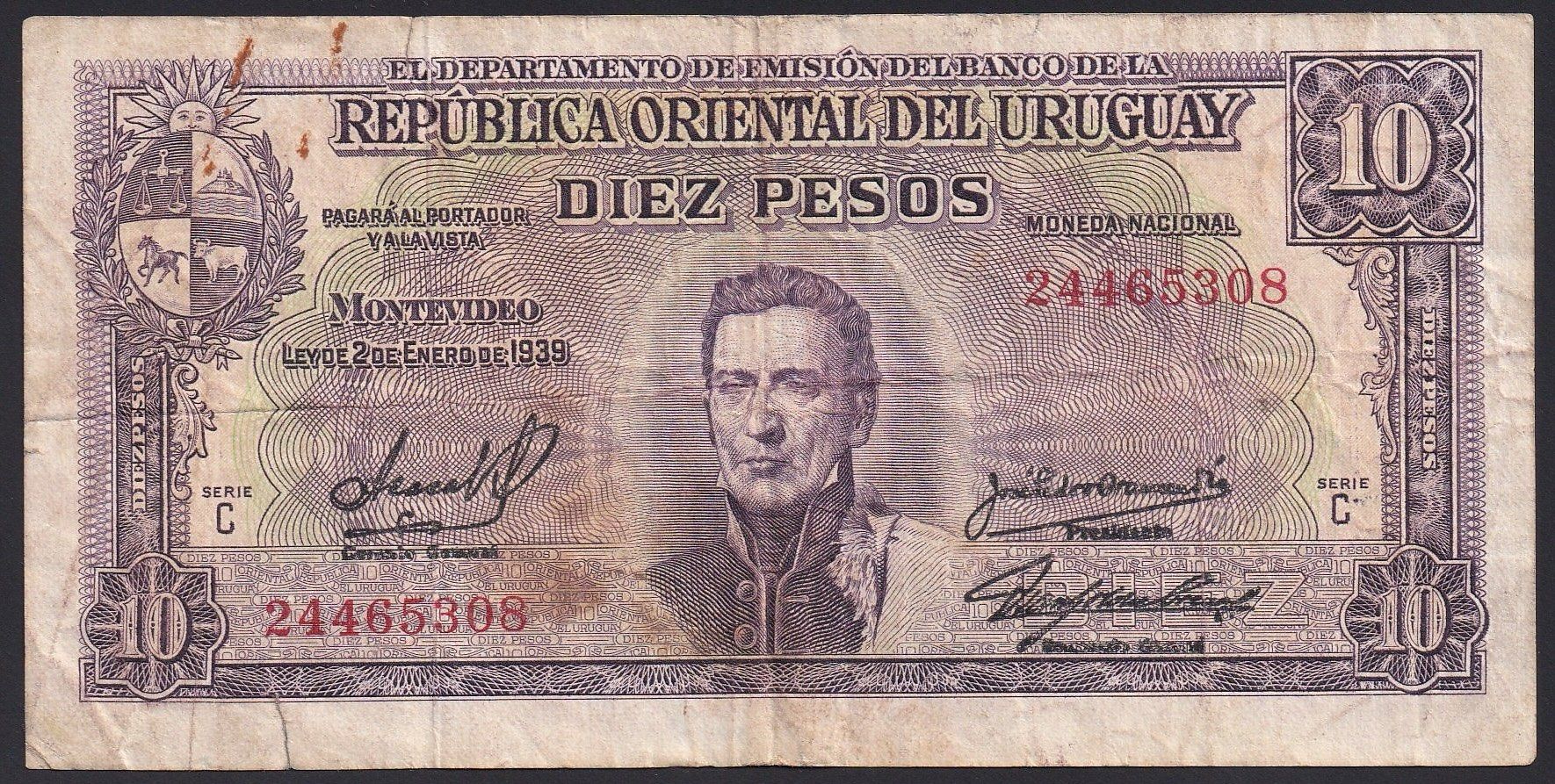 Banknoten: Uruguay 10 Pesos 1948 – Gebraucht aus Brugg AG von banknoten_muesli