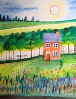 Original Aquarell Das kleine Backsteinhaus naive Kunst Bild