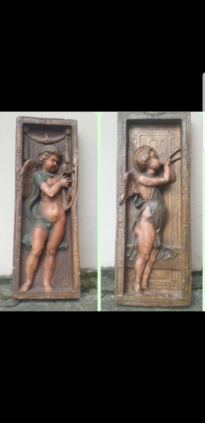 Sculture & Statue: 2 Engel Wandbilder - Relief - Putte - Harfe - Posaune - alt – Usato da Staufen venduto da jasminm01