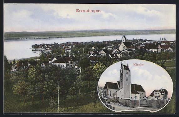 Cartes postales: AK Ermatingen, Kirche und Ortspanorama – D'occasion à Berlin par bartko-reher