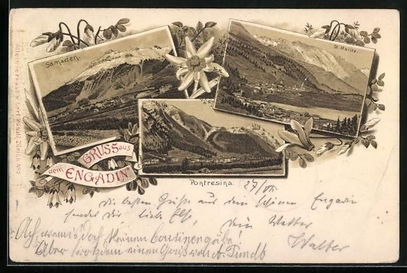 Cartoline postali: Litho Pontresina /Engadin, Panorama, Sam – Usato da Berlin venduto da bartko-reher